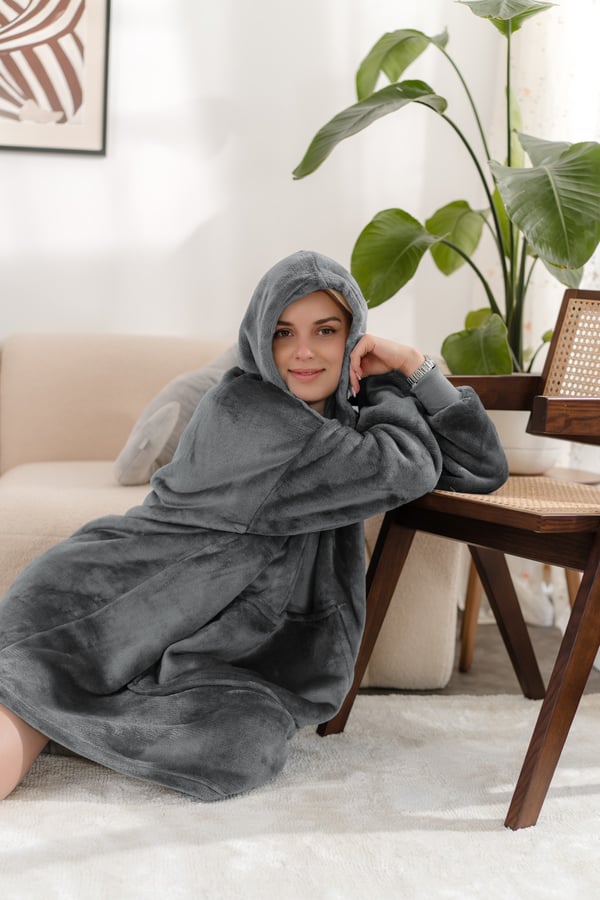 Tæppe med hætte tæppe sweatshirt grå universal blød tyk stor oversize