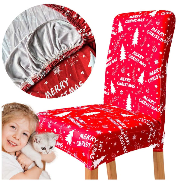 Jouluinen punainen tuolinpäällinen joulukuusikuviolla Jouluinen punainen tuolinpäällinen joulukuusikuviolla