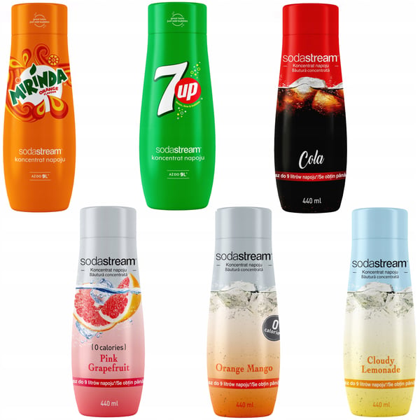 6 SodaStream-tiivisteen setti: Mirinda + 7UP + Cola + Greippi + Appelsiini-Mango + Limonadi