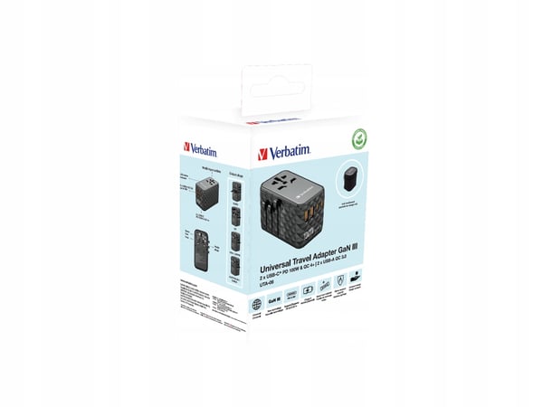 Verbatim UTA-06 GaN III globaali matkasovitin 2xUSB-C PD QC 4+ 100W, 2xUSB-A QC 3.0 18W