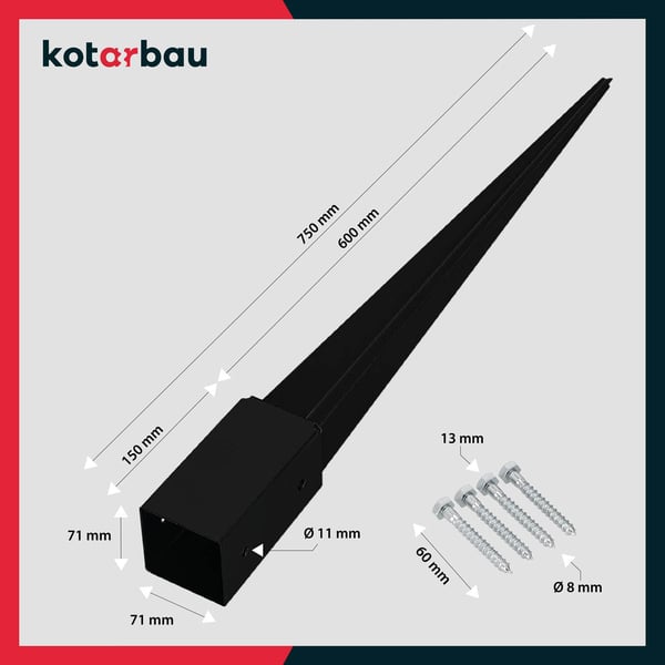 KOTARBAU® Stålstolpefäste för pergolor och paviljonger 71x71x750 mm svart 2-pack