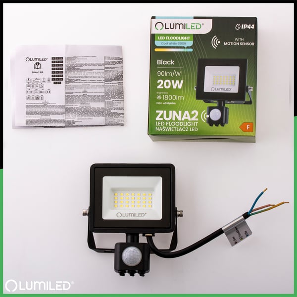 LED-valonheitin ZUNA2 20W 1800lm 6500K IP44 musta liiketunnistin LUMILED