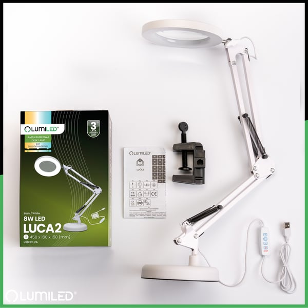 LUCA 2 LED skrivebordslampe 8W CCT tegnebordslampe 3x forstørrelsesglas Hvid LUMILED