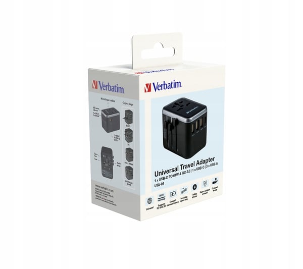 Verbatim UTA-04 globaali matkasovitin 1xUSB-C PD 61W QC 18W, 1xUSB-C 12W, 3xUSB-A 12W