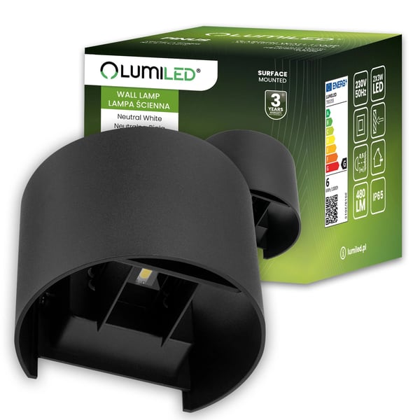 Vägglampa för utomhus LED 2x3W 4000K justerbar upp och ner svart PINUS LUMILED