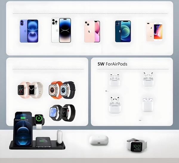 4-i-1 trådløs induktiv oplader til Apple 2x iPhone Watch AirPods QI