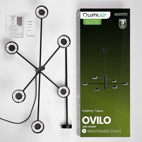 Taklampa hängande LED 6x GX53 kristallkrona reflektor svart OVILO LUMILED
