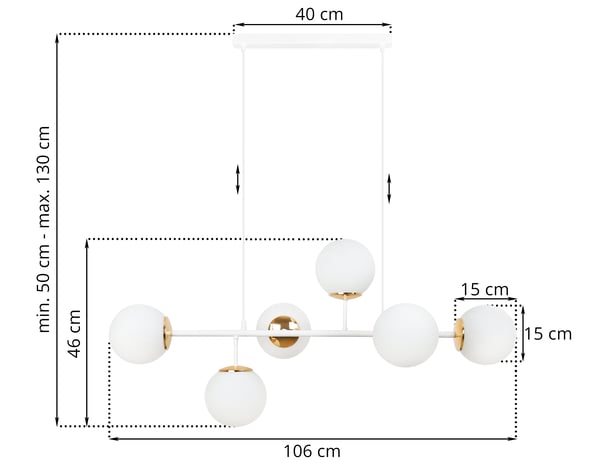 SIENA HVID OG GULD LOFTLAMPE 6 FLADE HVIDE LAMPESKÆRME E14 LANGE ARME