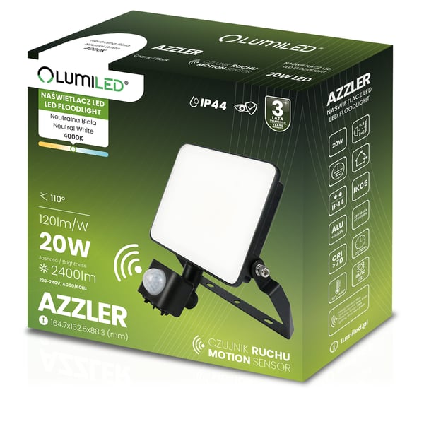 AZZLER LED-valonheittäjä 20W 2400lm 4000K IP44 Halogeeni ulkokäyttöön liikkeentunnistimella musta LUMILED