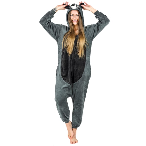 Varm herre kigurumi pyjamas onesie vaskebjørn heldragt med lynlås s Grå vaskebjørn onesie kostume - S