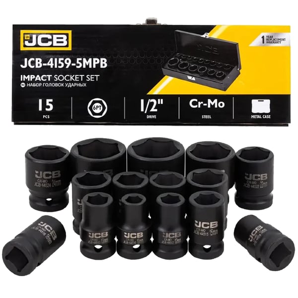 JCB iskuhylsysarja 1/2" Cr-Mo 6-kulmainen 15-osainen 10-32mm