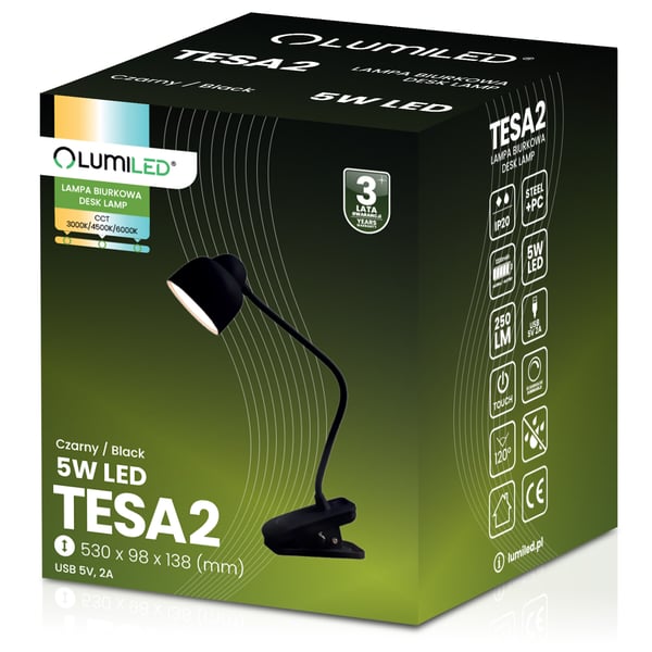 Pöytälamppu LED 5W CCT piirustus pöytävalaisin koululamppu TESA 2 musta LUMILED