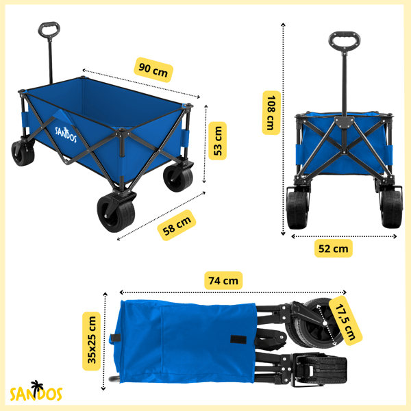 Strandvogn, turist, camping, transport, foldbar, tykke hjul, blå