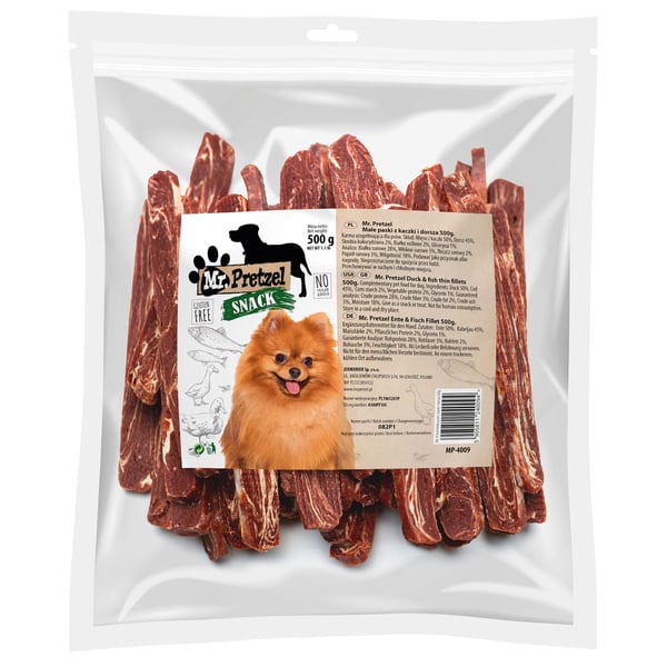 Herkku, välipala koirille Pieniä ankan ja turskan suikaleita Mr. Pretzel 500g