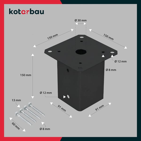 Træstolpefod skruet til beton sort stål 90x90 mm 2 stk