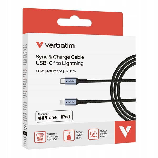 Verbatim USB-C(M) - Lightning-kabel 1,2 m, 60 W, svart