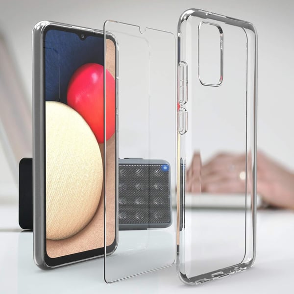 Etui til Samsung Galaxy A02s gennemsigtigt 2x hærdet glas SM-A025F