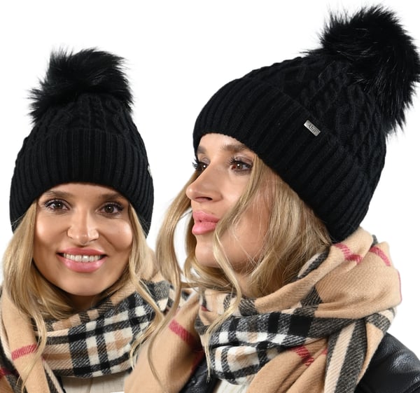 Svart vintermössa varm dammössa med pompom