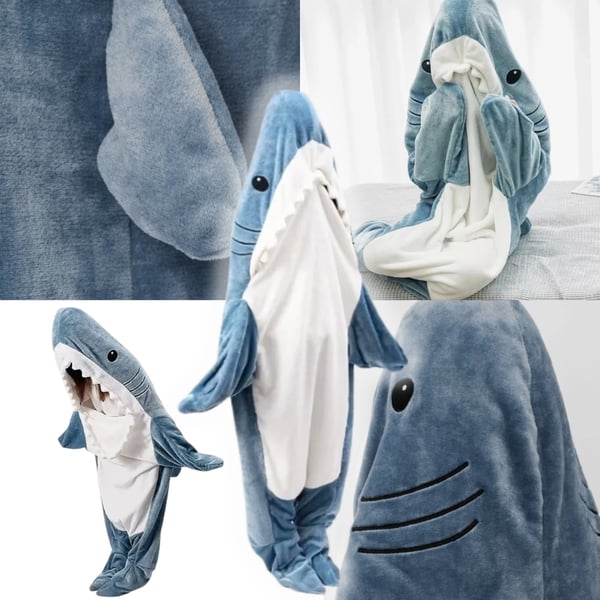 Hajkostume, hajpyjamas, hajstørrelser, blåt tæppe, hvid sovepose