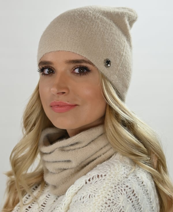 Varmt sæt med hue og halsedisse Alpaca Touch Beige AL1