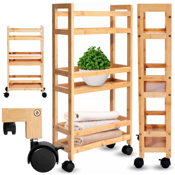 Kylpyhuoneen hylly, keittiön hylly, pyörillä varustettu kaappi, bambu, kapea, puinen
