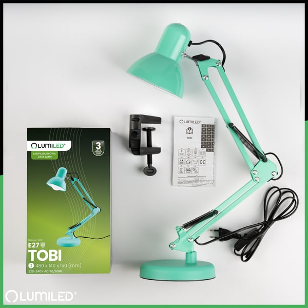 Pöytälamppu piirustustyöhön E27 TOBI minttu Lumiled ja klemmi työpöydälle