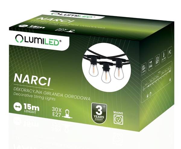 Udendørs lyskæde til have og udendørs brug 15m 30x E27 NARCI LUMILED