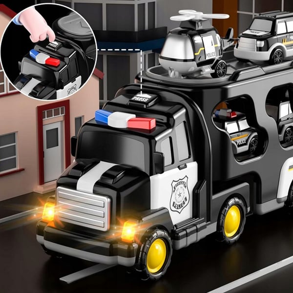 Suuri poliisin hinausauto ääni- ja valotoiminnolla, autot, helikopteri, kuorma-auto, poliisi 5 yhdessä