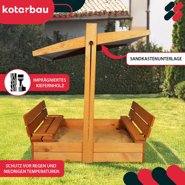 KOTARBAU® Suuri puinen hiekkalaatikko harmaalla katolla, kyllästetty, suljettu, penkeillä, ruskea, 100 x 100 CM