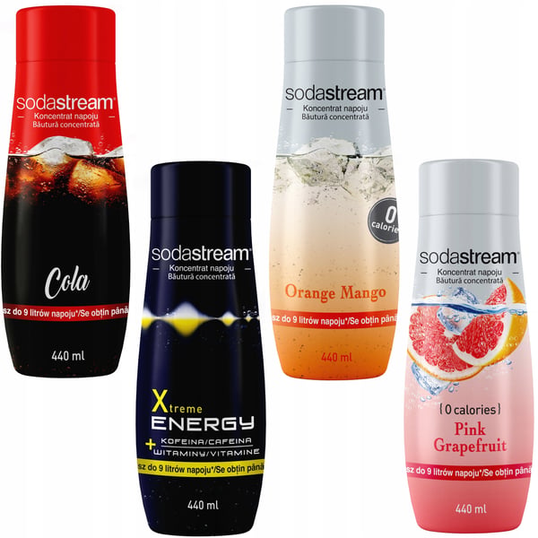 4 SodaStream-tiivisteen setti: Cola+Energy+Greippi+Appelsiini-Mango