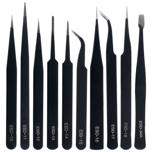 Set med 10 precisionspincetter i etui