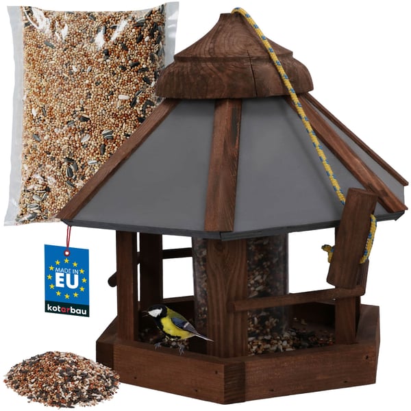 Kotarbau® Ripustettava lintujen ruokinta-automaatti parvekkeelle ja puutarhaan, kuusikulmainen, puu, 310 x 285 mm + rehu 0,5 kg