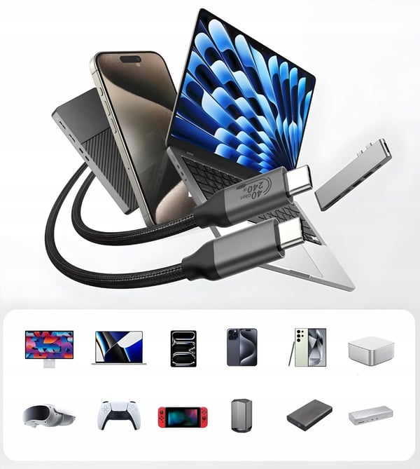 USB4 Thunderbolt 4 KABEL 240W 40Gbps 8K 120Hz USB C KABEL NYLONFLETET 1M
