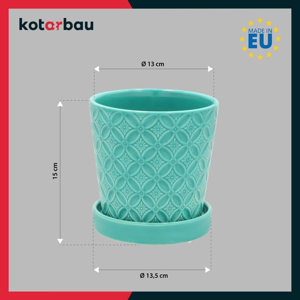 KOTARBAU® Rund Turkos Blomkruka 13 cm Glaserad Keramik med Fat Blom- och Örtkruka