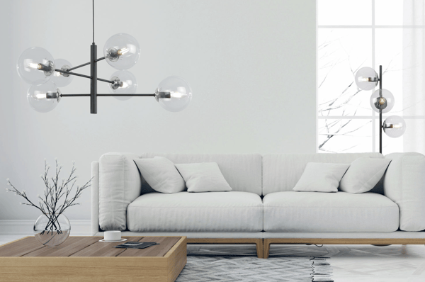 SIENA GULVLAMPE I SORT KROM, 3 FLADE, KLARE LAMPER