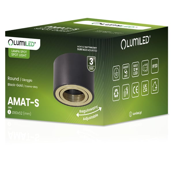 Overflademonteret HALOGEN Spot Tube Bevægelig Rund Sort og Guld 50mm AMAT-S LUMILED