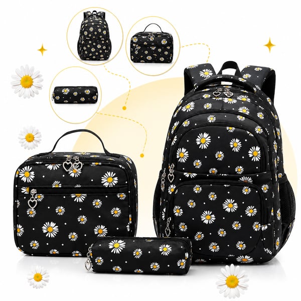 Daisy Print -koulureppu tytöille, 3-in-1 -setti, penaali, lounasrasia