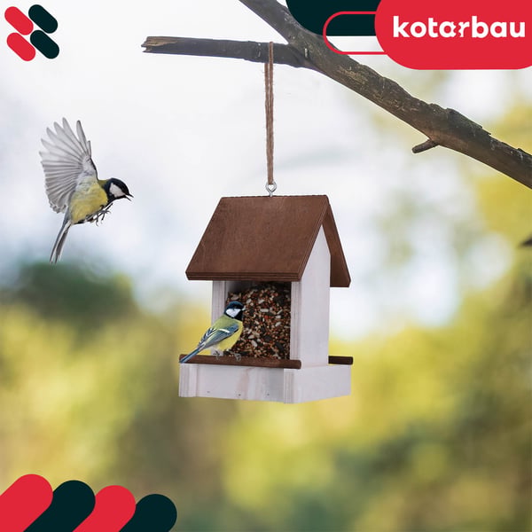 Kotarbau® Riippuva lintujen ruokintalaite parvekkeelle ja puutarhaan, puu, valkoinen, 190 x 130 x 135 mm + ruokinta-aine 0,5 kg