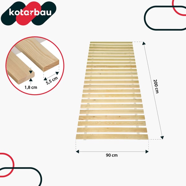 Träsängram med ribbor på band för madrass 90 x 200 cm