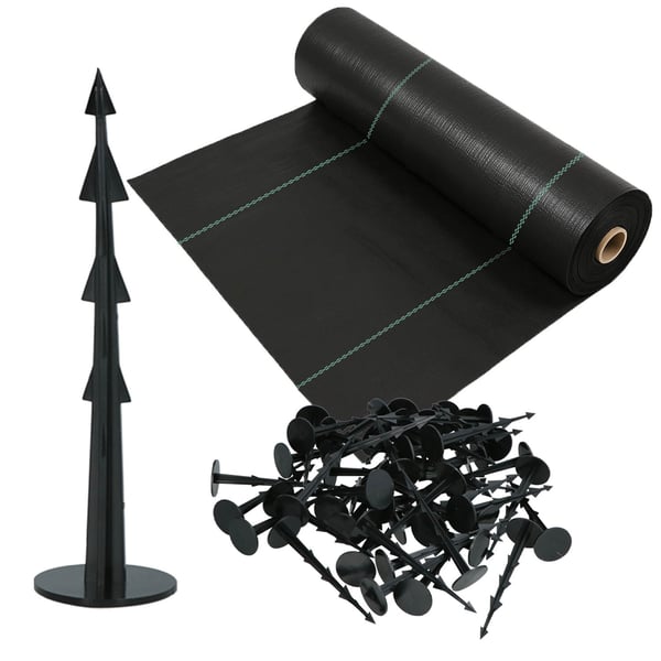 KOTARBAU® ogrässkyddande trädgårdstextil universal svart 70 g/m² 1,1 x 100 m med pinnar