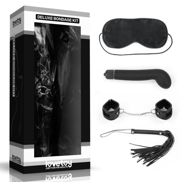 Lovetoy BDSM Deluxe sidontakohtelu -sarja naamio, käsirahkeet, piiska ja vibrantteri Lovetoy BDSM Deluxe sidontakohtelu -sarja naamio, käsirahkeet, piiska ja vibrantteri