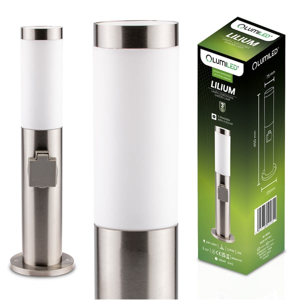 Utomhuslampa E27 INOX STOLPE 45cm med uttag 230V Lilium LUMILED