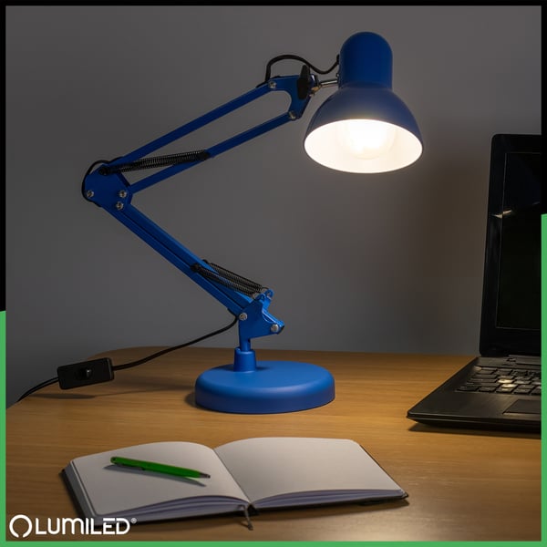 Pöytälamppulamppukirjoituslamppulamppulamppu E27 TOBI Sininen Lumiled ja kiinnike työpöydälle