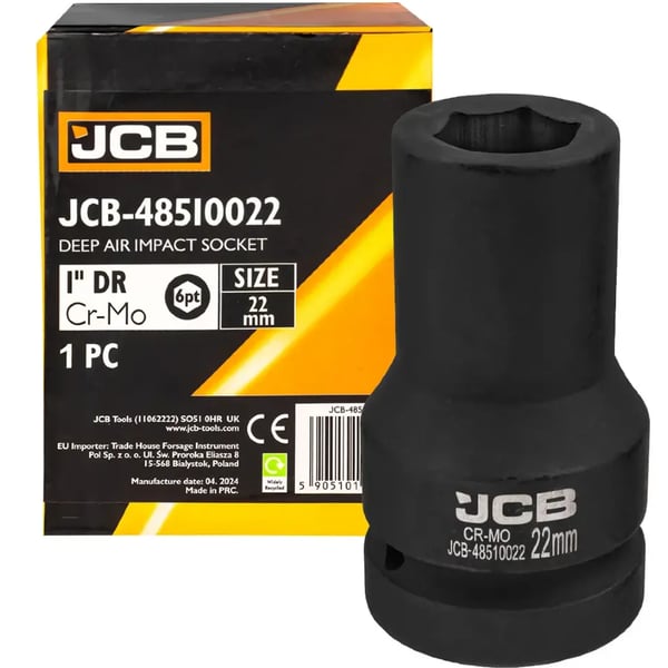 JCB Dyb Slagtopnøgle 1" 22 mm 6-punkts Cr-Mo Topnøgle