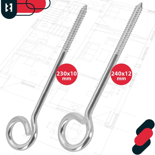 Kotarbau® Kattokiinnityskoukku, kääritty, ruuvattava, ruostumaton teräs, 230 MM, 2 kpl:n sarja