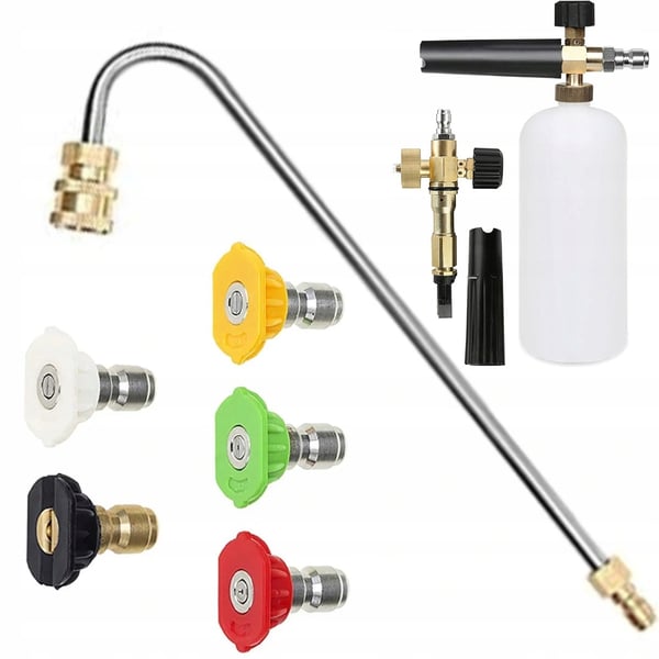Rosfix Sæt med 5 hurtigkoblingsdyser til højtryksrensere (0°, 15°, 25°, 40°, 60°) + lanse til højtryksrensere 1/4" 34cm U-type + skumpistol