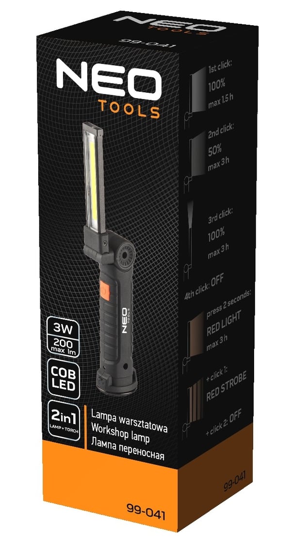 BATTERI VERKSTADSLAMPA 200 LM COB + FICKLAMPA - T N99-041