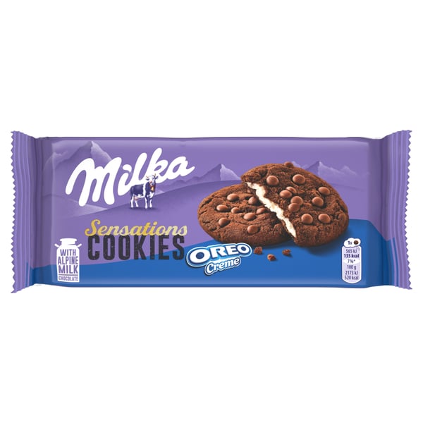 Milka Sensations Cookies Kaakaokeksit suklaapaloilla ja vaniljatäytteellä 156 g