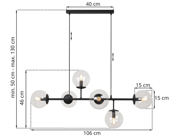 SIENA SORT LOFTLAMPE 6 FLADE LAMPESKÆRME E14 LANGE ARME
