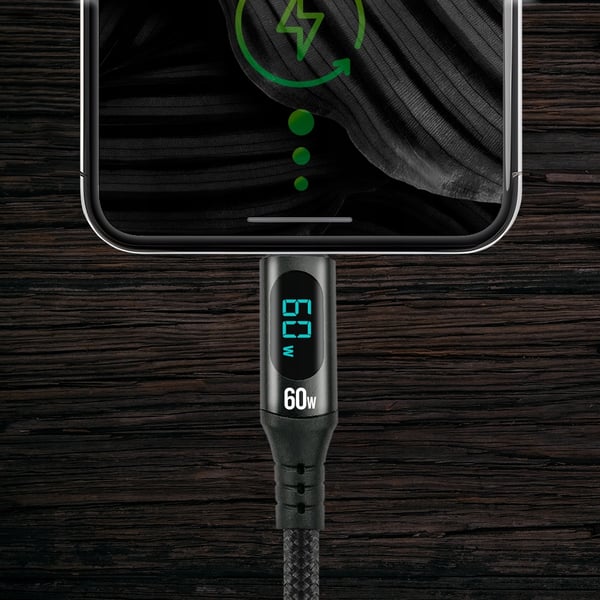 USB-C -> USB-C kabel everActive CBB-1PDL 1m 60W indbygget display sort